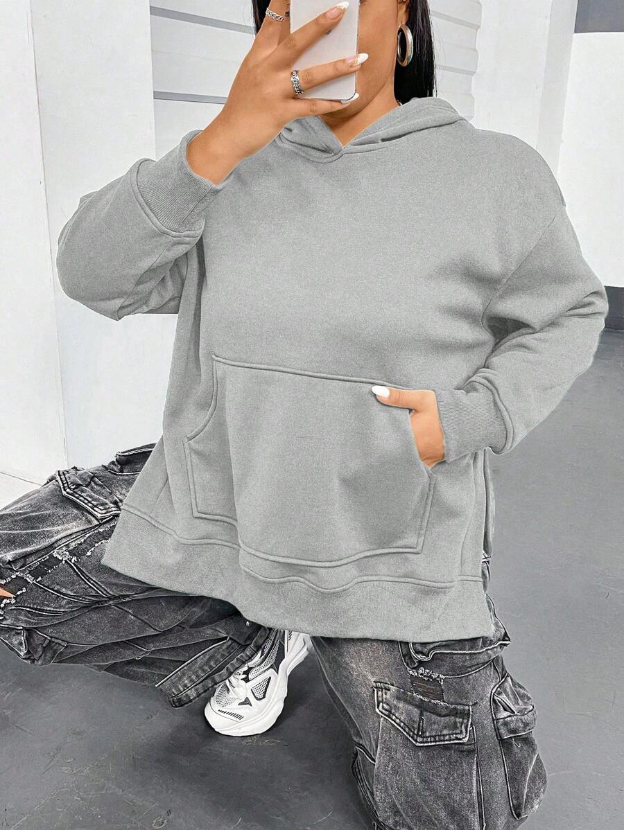 Flirla 大尺碼純色帽衫 - 灰色 - 查看 1