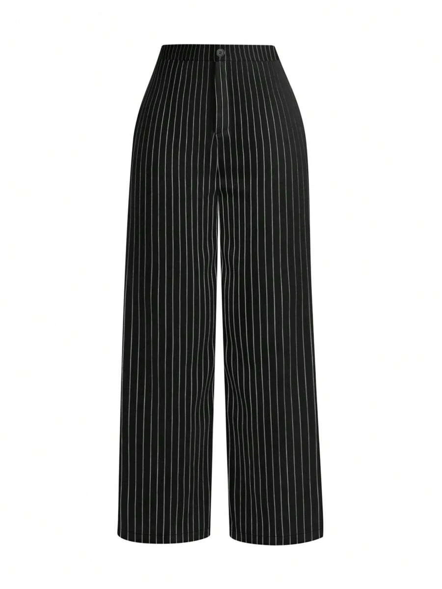 SHEIN LUNE Plus Size Women's Vertical Striped Straight Leg Pants Fall Cloth For Women - Black - View 1