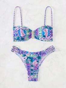 SHEIN Swim Summer Beach Patchwork Flower Printed Two-Piece Bikini Set - Multicolor - View 4