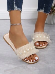 Sandale plate de plajă din plasă cu perle Decor - Bej - Vizualizare 7