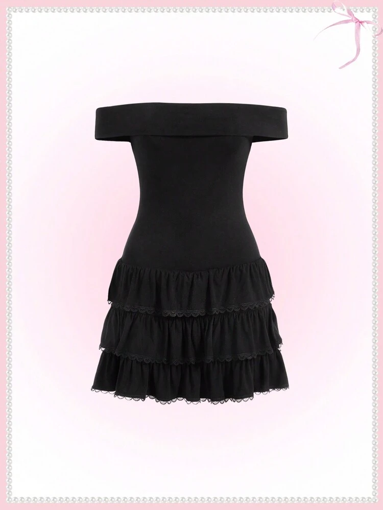 Ballet Bow Lace Trim Ruffle Oif The Shoulder Summer Black Dress