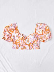 Soleia 女士心形印花泡泡袖衬衫,有愛心領 - 彩色 - 查看 4