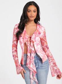 Forever 21 Women's Rose Floral Chiffon Lace-Up Ruffle Hem Bell Sleeve Top - Pink - View 1