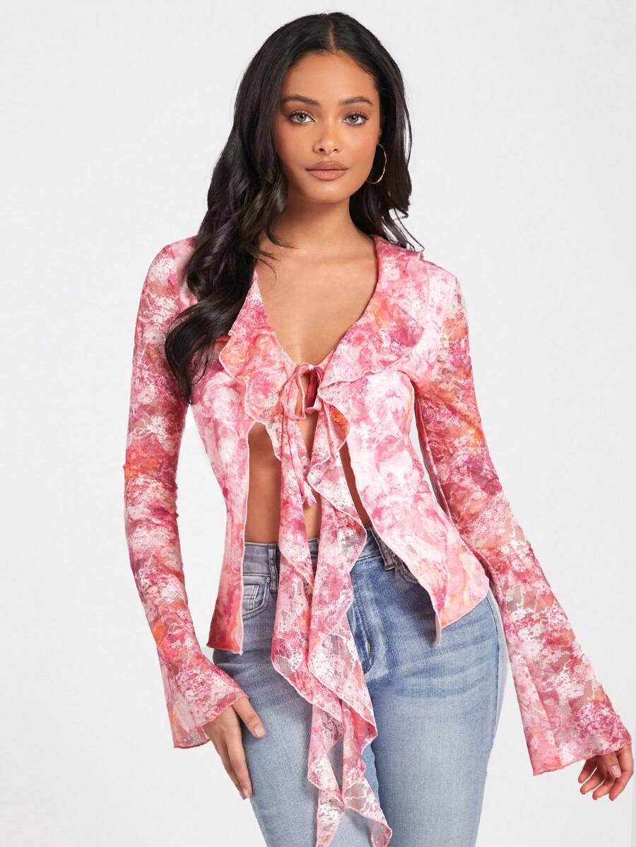 Forever 21 Women's Rose Floral Chiffon Lace-Up Ruffle Hem Bell Sleeve Top - Pink - View 1