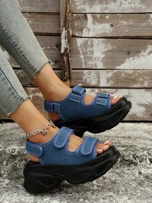 ROMWE Sandal đế dày kiểu La Mã bằng da mới năm 2024 dành cho nữ, có quai dán, hở mũi và giúp tăng chiều cao. - Màu xanh lam - Xem 2