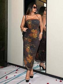 Flirla Kích thước lớn In hoa Bên Khe Halterneck Đầm - Nhiều màu - Xem 3