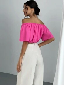 Aloruh Blusa de mujer con escote en V y hombros descubiertos, cintura marcada y mangas cortas