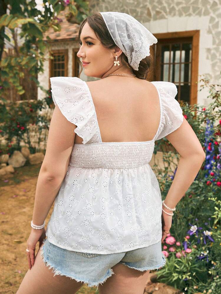 Plus Size Hollow Out Embroidered Square Neckline Ruffle Trimmed Blouse Summer Women Tops