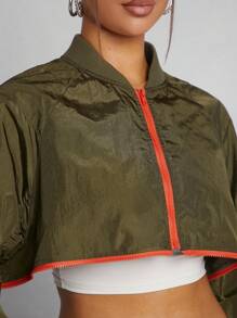 Denimoi Áo khoác Bomber có chi tiết khóa kéo tương phản - xanh quân đội - Xem 6