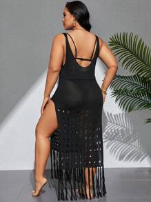 Swim Lushoire Summer Beach Plus Size Solid Color Drawstring Waist Hollow Out High Split Tassel Cover-Up