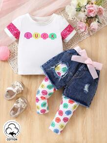 Baby Girl Fashionable Shimmering Letter Print Short Sleeve Top And Color Block Jeans With Distressed Design, Casual And Versatile