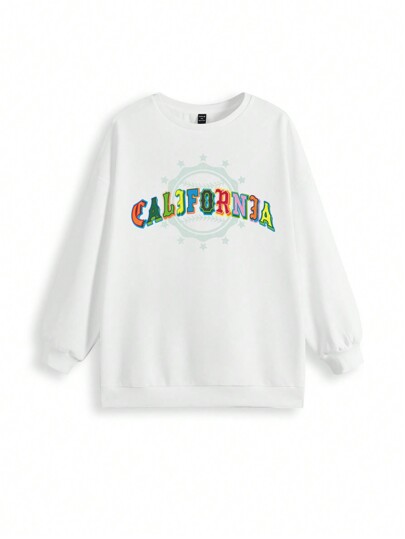 Garabateo Sudadera suelta de cuello redondo con estampado de letras para mujer de talla grande, top de mujer para otoño e invierno, vacaciones, primavera, festivales