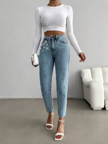 RueChic 高腰仿珍珠装饰妈妈版牛仔裤