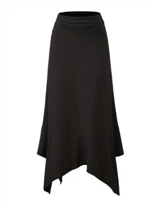 INAWLY Women's Solid Color Asymmetric Hem Skirt - Black - View 5