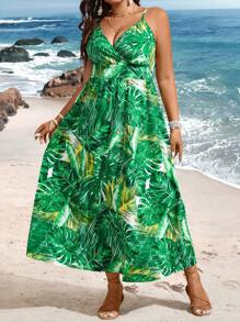SHEIN Holidaya Kích thước lớn Của phụ nữ Quả chuối Bản in lá Dây đeo Đầm - Nhiều màu - Xem 4