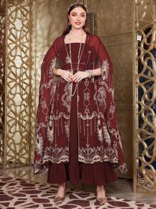 Al Najma Burgundy Red Embroidered Split Sleeve Jacket And Cami Dress 2pcs Set Kaftan Jalabiya Dress - Burgundy - View 1
