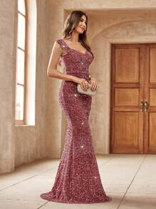 SHEIN Belle 女士甜心领口串珠鱼尾连衣裙，适合节日派对穿着，亮片长款女装，优雅女士连衣裙，商务休闲女装，圣诞派对礼服，夜店装扮，性感辣妹装，短款女装，演唱会女装，鸡尾酒会短款连衣裙，新年节日派对服装 - 藕粉色 - 查看 4