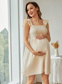 SHEIN Maternity Summer City Casual Wear Ruffled Back Fitted Short Dress - Apricot - View 2