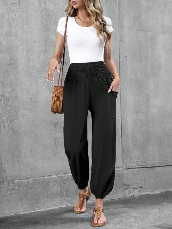 Women's Casual Elastic Waist Cropped Pants Double Pocket