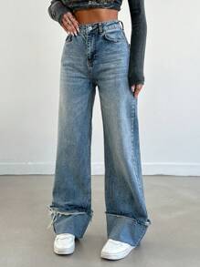 EURMUSE High-Waisted Wide Leg Baggy Jeans - Blue - View 4