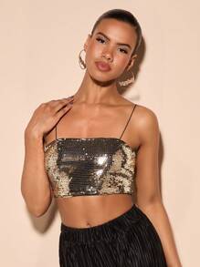SHEIN BAE Zip Back Sequins Cami Top - Gold - View 1