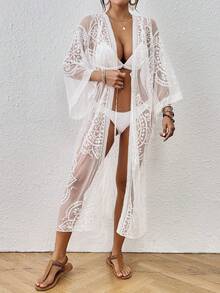 Women's Floral Mesh Kimono Cover Up - White - View 4