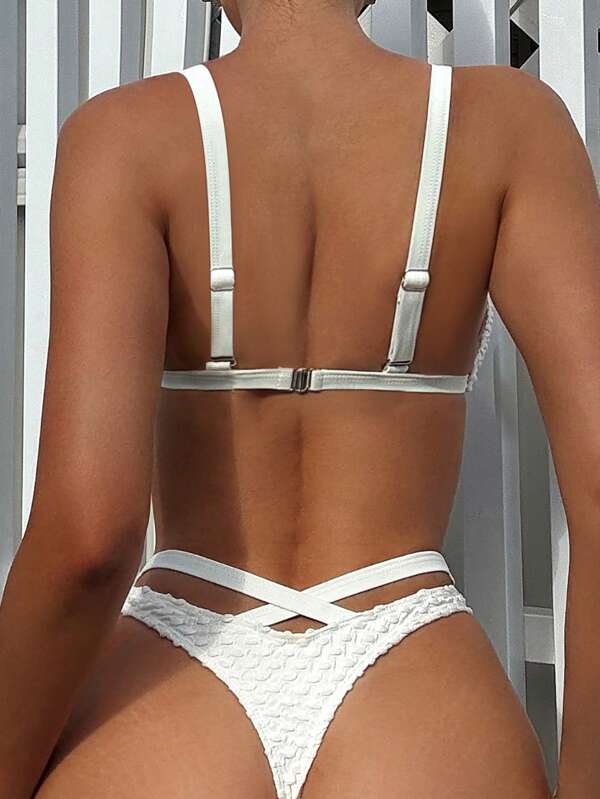 Swim SXY Costume de baie din două piese texturate de culoare uni pentru femei, set bikini costum de baie ținută de plajă vacanță de vară