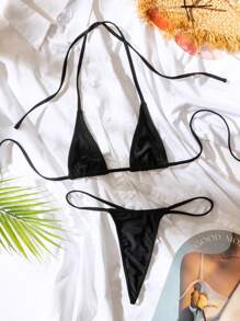 Swim SXY 夏季海滩女士纯色挂脖比基尼套装带迷你微三角比基尼套装 - 黑色 - 查看 5