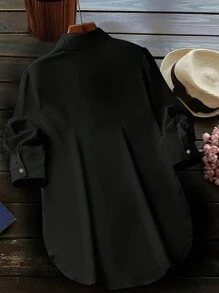 Áo sơ mi nữ cỡ lớn thời trang thanh lịch màu trơn xẻ tà bên hông màu đen, kiểu dáng thường ngày, thích hợp cho mùa xuân. - màu đen - Xem 3