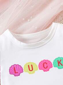Baby Girl Fashionable Shimmering Letter Print Short Sleeve Top And Color Block Jeans With Distressed Design, Casual And Versatile