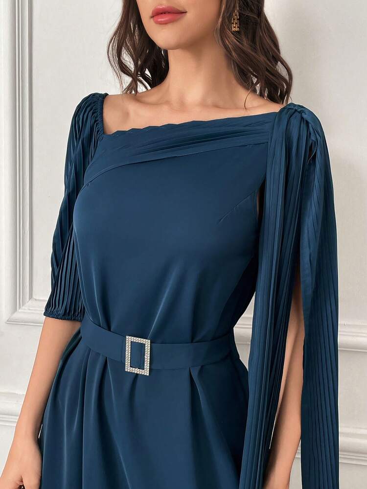 Women's Asymmetric Neck Patchwork Ribbon Detail Dress Long Evening Dresses