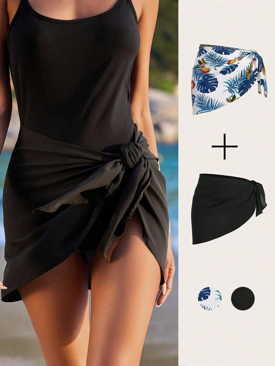 SHEIN VCAY Multi-Item Vacation Solid Color Waistband & Printed Wrap Sarong Skirt - Multicolor - View 1
