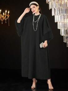 Al Najma Ladies' Solid Color Woven Jacquard Stand Collar Dress Kaftan Jalabiya Dress - Black - View 5