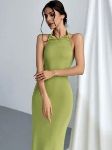 Aloruh Sleeveless Fitted Green Backless Long Dress, Elegant For Women In Spring And Summer - Green - View 5