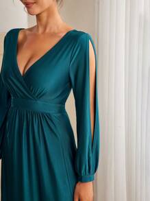 SHEIN Belle Surplice Neck Split Sleeve Bridesmaid Dress - Dark Green - View 6