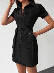 EURMUSE Slant Pocket Button Through Belted Shirt Denim Dress - Black - View 3