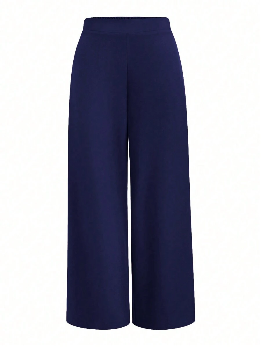 Calvaya Pantalones De Pierna Recta Casuales De Cintura Elástica Y Talla Grande En Color Sólido - Azul Marino - Ver 1