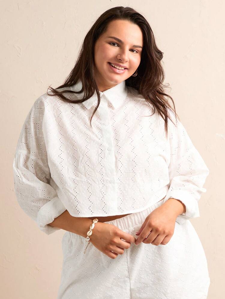 Plus Size Solid Color Hollow Out Embroidered Drop Shoulder Cropped Shirt