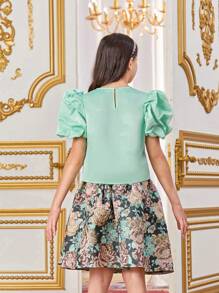 SHEIN Tween Girls' Lovely Retro Palace Style Round Neck Blouse With Puff Sleeves & Flower Jacquard Skirt Set