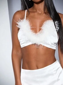SHEIN BAE Witte verenversiering Spaghettibandjes Verstelbare rug Sexy witte bikiniset, elegante outfit voor countryconcert, afstuderen, feest, strandvakantie, bruiloftsgast, zomermuziekfestival