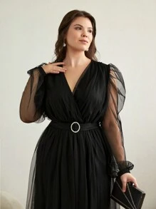 Plus Size Frenchy Belted Dress With Tulle Overlap Collar Puff Sleeves