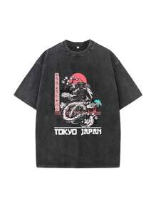 Men's Casual Dragon & Letter Print Dropped Shoulder T-Shirt, Summer