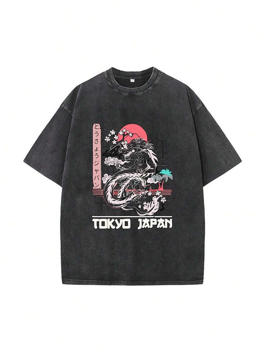 Men's Casual Dragon & Letter Print Dropped Shoulder T-Shirt, Summer