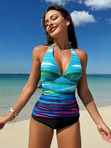 SHEIN Swim 2pcs/Set Gradient Ruched Halter Neck Tankini Set With Solid Triangle Bottom - Multicolor - View 4