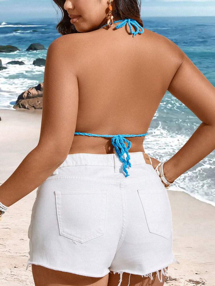 Plus Size Striped Color Blocking Knit Top With Shell Decoration, Halter Neck, Open Back