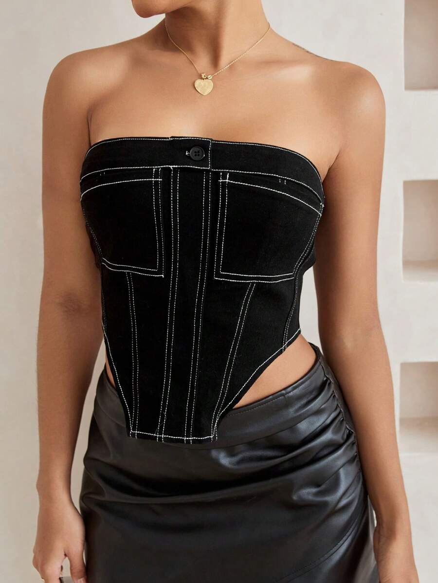 GENKIRA 女性雙色不對稱下擺無肩帶牛仔頂部,帶對比縫線 - 黑色 - 查看 1