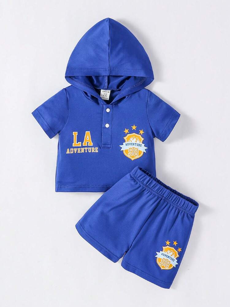 Newborn Baby Boy's Funny And Cute Sport Style Outfit With Mini Adventure Explorer Badge Print Hooded Short Sleeve T-Shirt And Shorts For Wacky Party Occasions