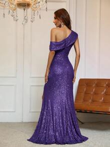 Asymmetrical Neck Ruched Wrap Hem Sequin Prom Dress - Purple - View 2