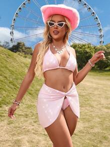 Swim EVENT 女士纯色吊带比基尼套装 3 件套，比基尼套装海滩泳装泳衣音乐节夏季海滩 - 粉色 - 查看 3