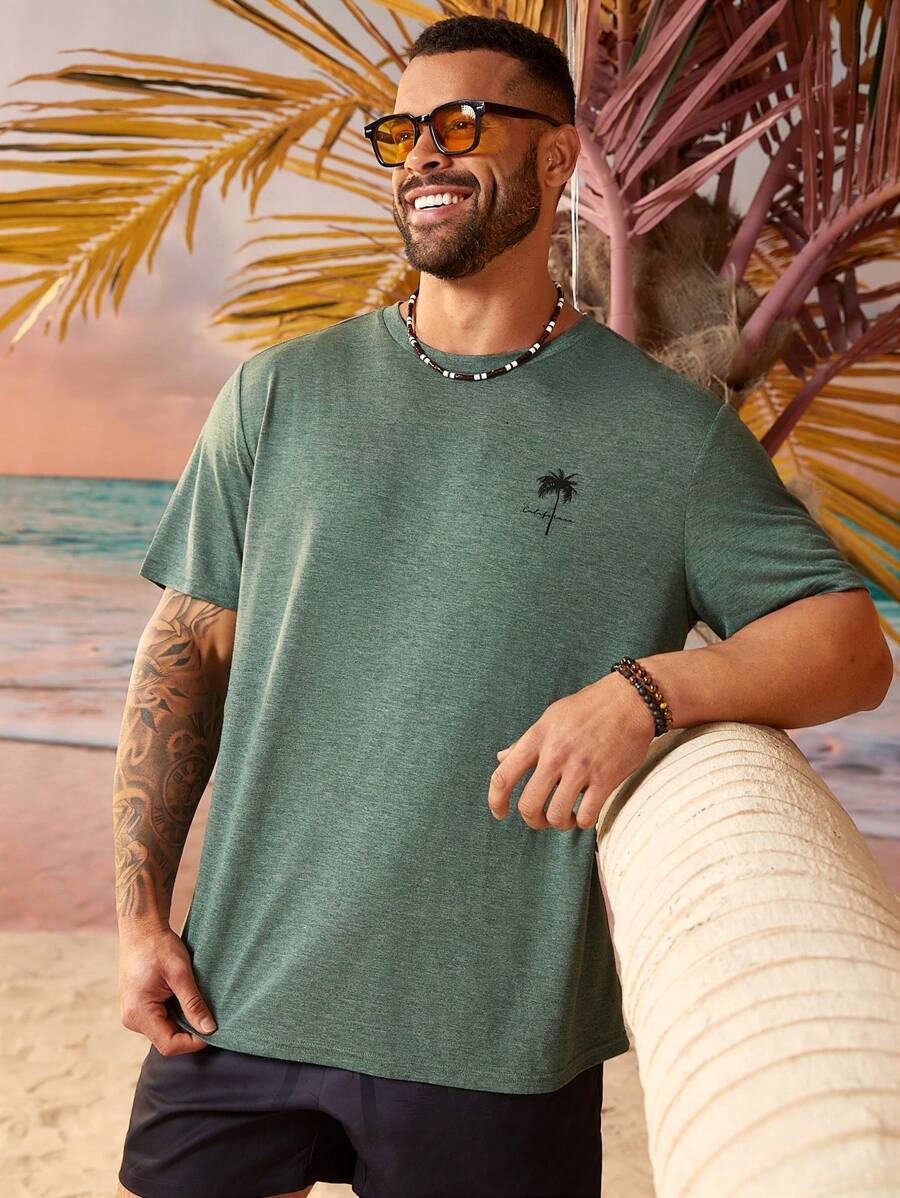 EASEVO Men Plus Size Alphabet & Palm Tree Graphic Printed Knit Casual Short Sleeve T-Shirt, For Vacation Beach, Summer